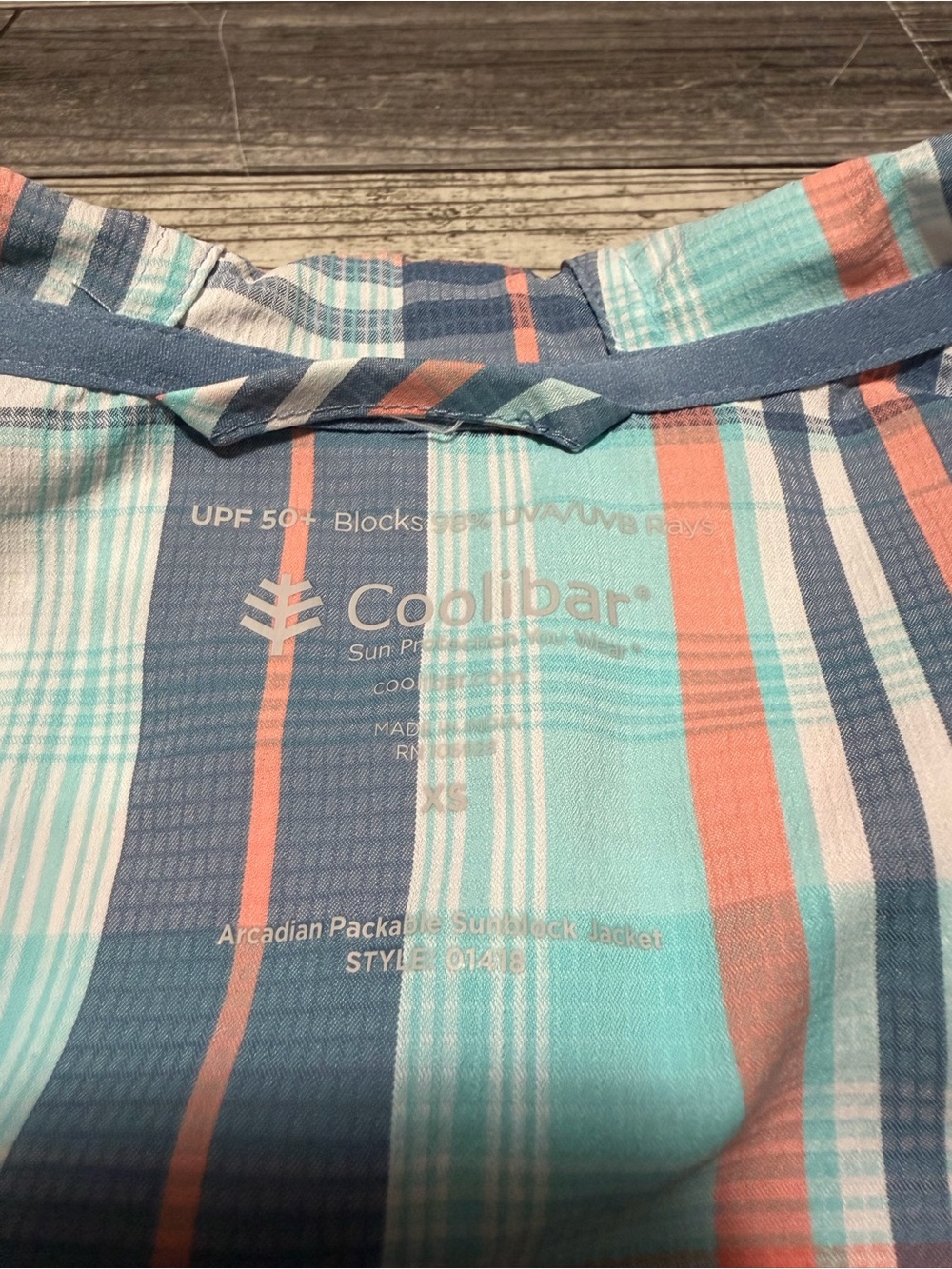 Coolibar Women's Plaid Hooded Sun Jacket - Aqua/Coral/Gray - Picture 8 of 10